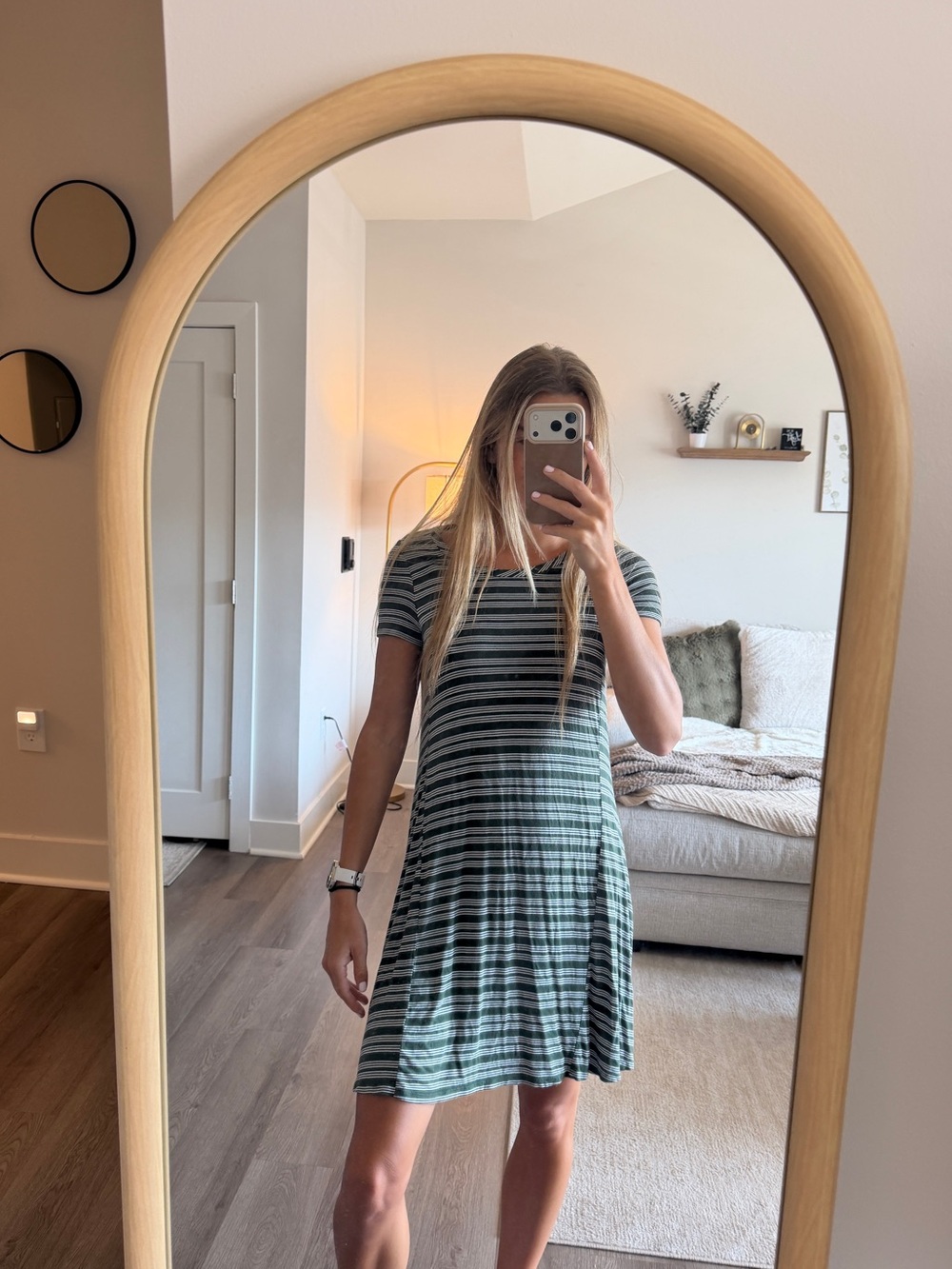 love, Fire Green and Black Striped Short-Sleeve Swing Dress